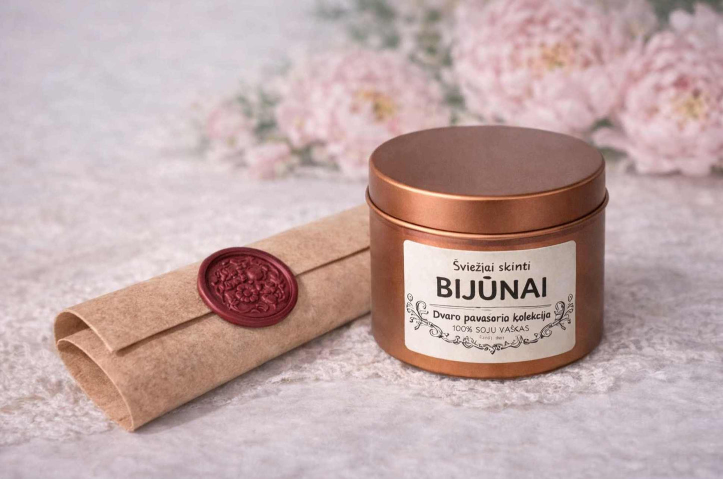 Kvapni sojų žvakė „Šviežiai skinti bijūnai“